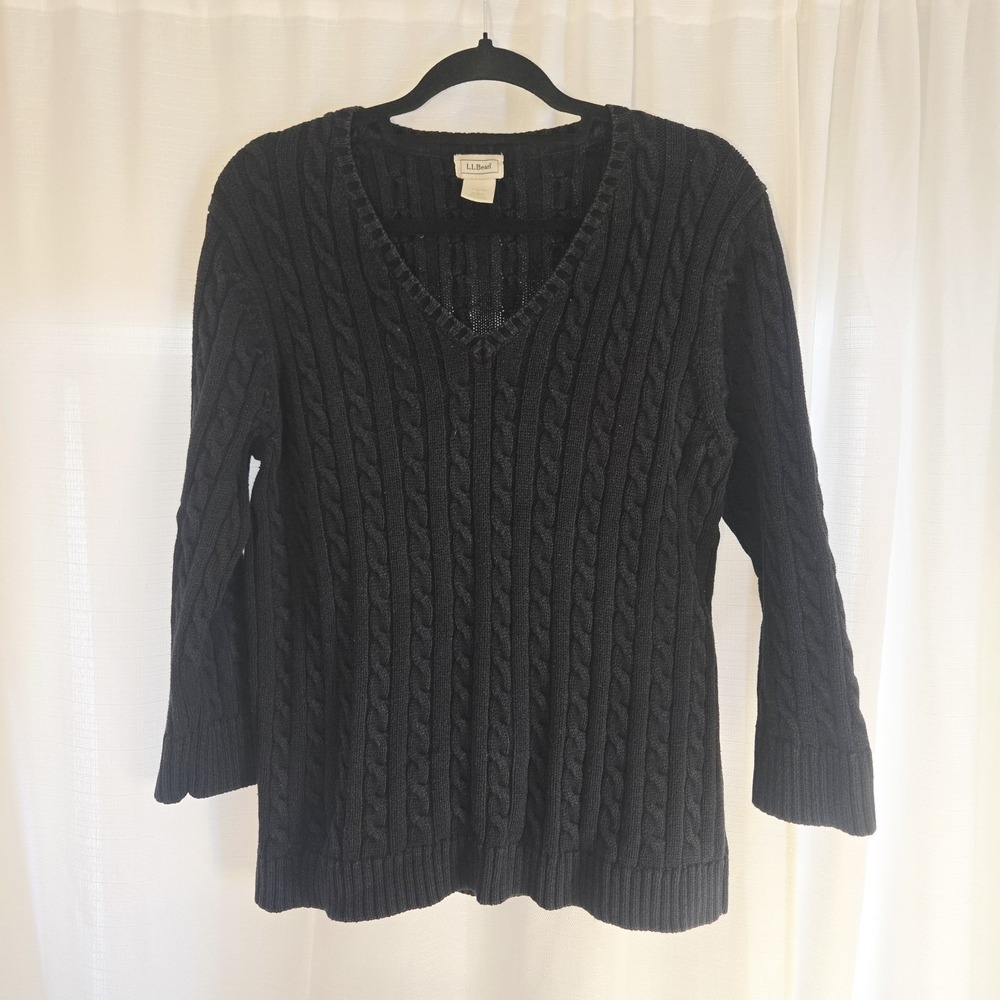 LLBean Womens Cable Knit V Neck 3/4 Sleeve Sweater Blue 100%‎ Cotton Size L